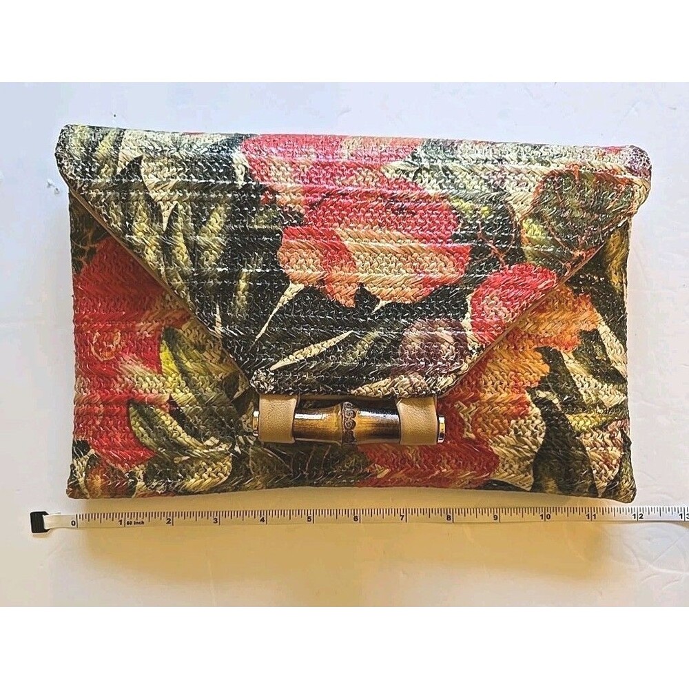 Sondra Roberts Squared Raffia Purse NEW Multicolor Floral Bamboo Clasp -oc- - Picture 16 of 16